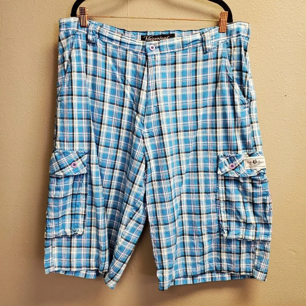 Victorious Cargo Shorts Mens 40 Plaid Urban Couture Multi Pocket Casual Summer